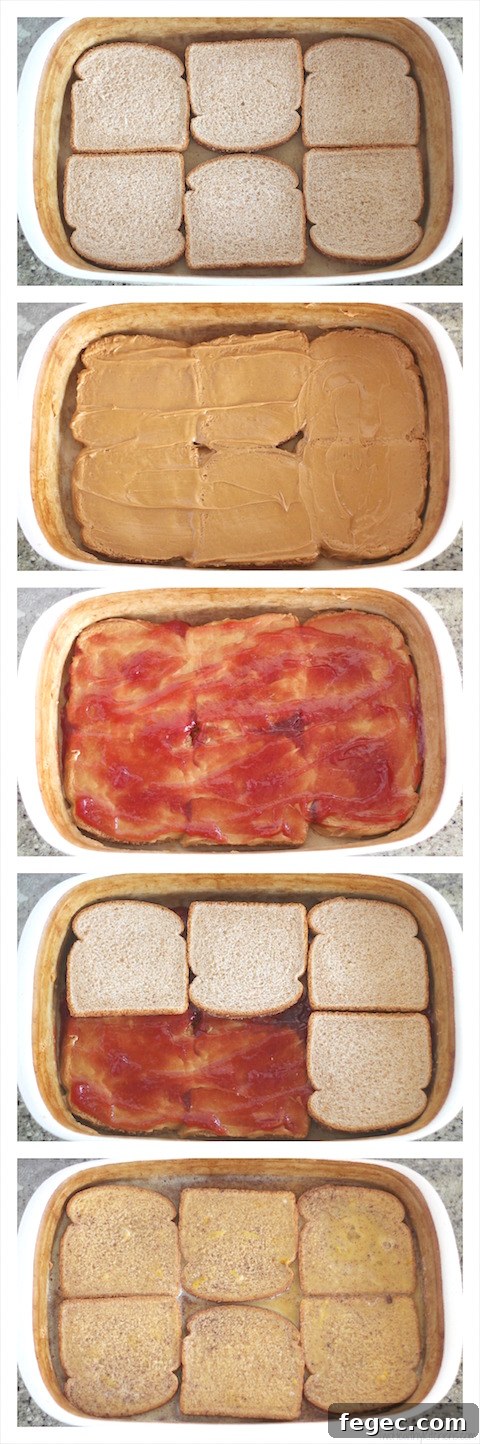 Layering peanut butter and jelly between bread slices for the casserole