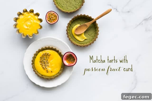 Matcha Tartlets with Tangy Passion Fruit Curd 2 Matcha tarts with passion fruit curd filling have a matcha cookie crust and passion fruit filling