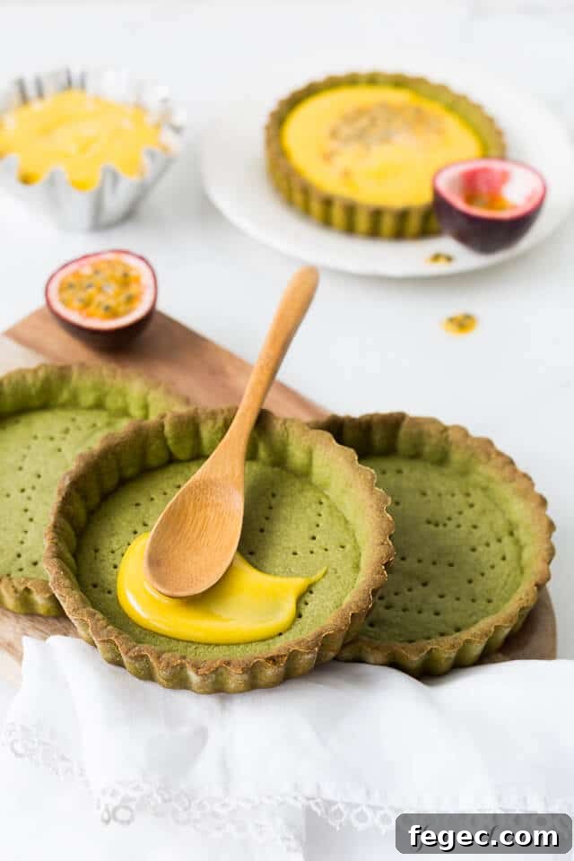 Matcha Tartlets with Tangy Passion Fruit Curd 5 Filling matcha tarts with passion fruit curd filling