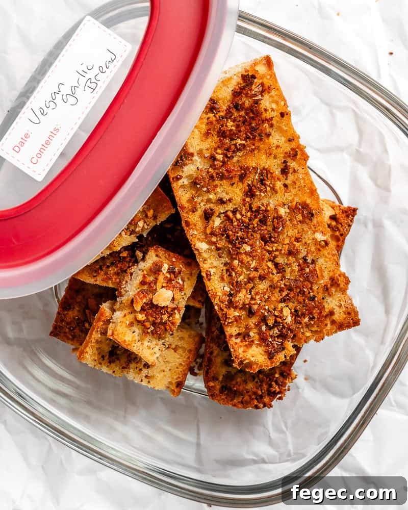 Crispy Vegan Garlic Bread Recipe You’ll Love 11 completed Easy Vegan Garlic Bread in storage container