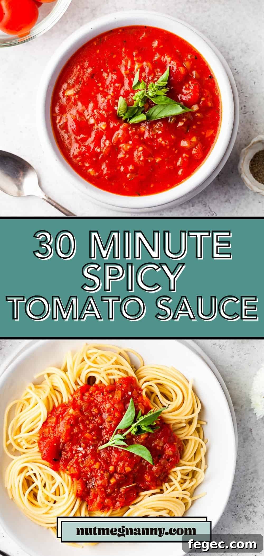 Spicy Tomato Sauce graphic pin for Pinterest.