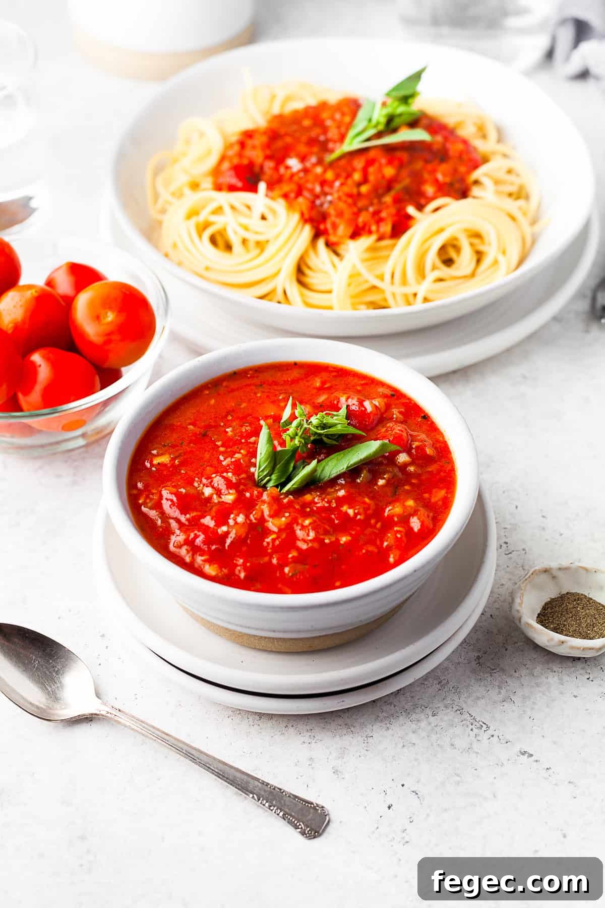Spicy Tomato Sauce in a bowl with pasta in the background.