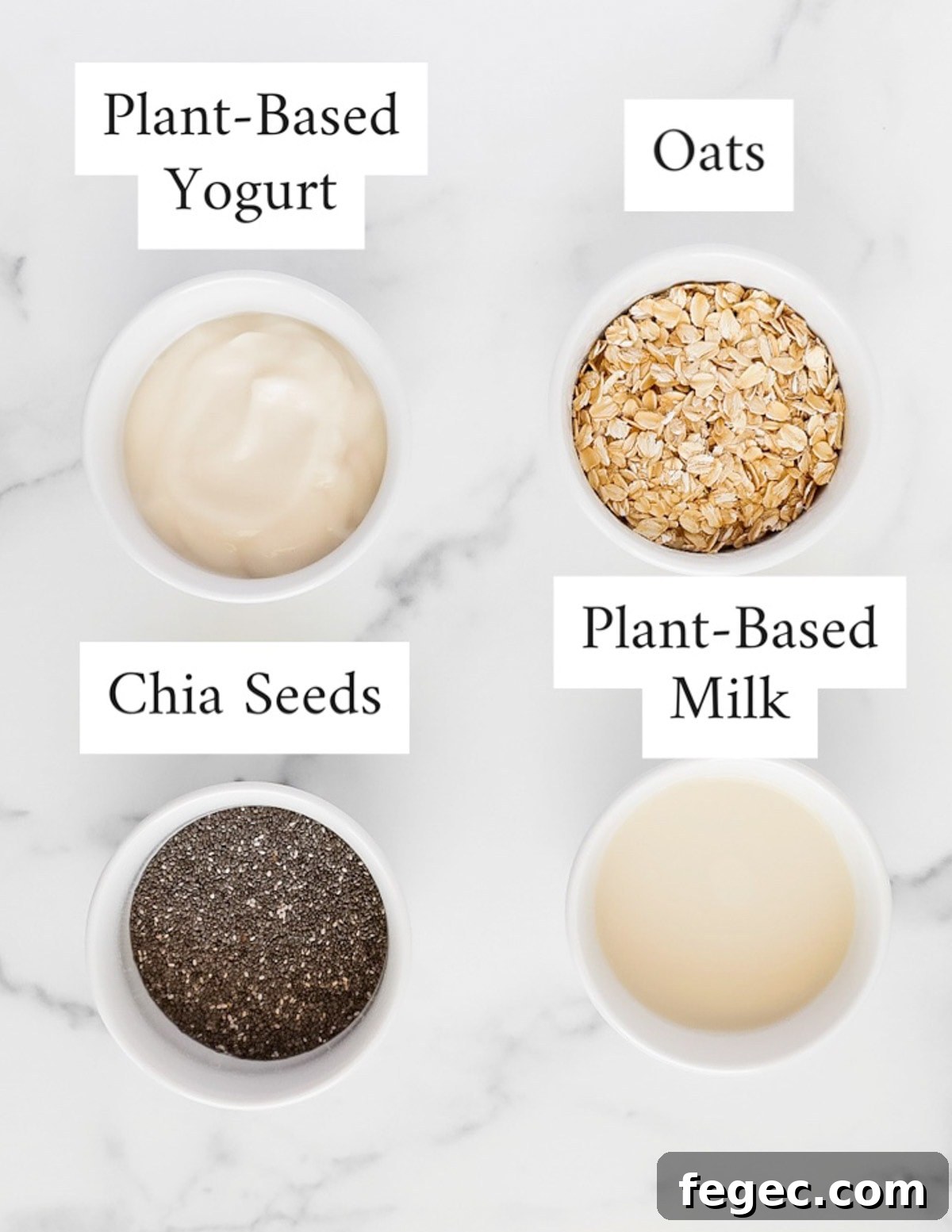 Creamy Chia Seed Overnight Oats Recipe for Busy Mornings 3 Labeled ingredients including: plant-based yogurt, oats, chia seeds, plant-based milk