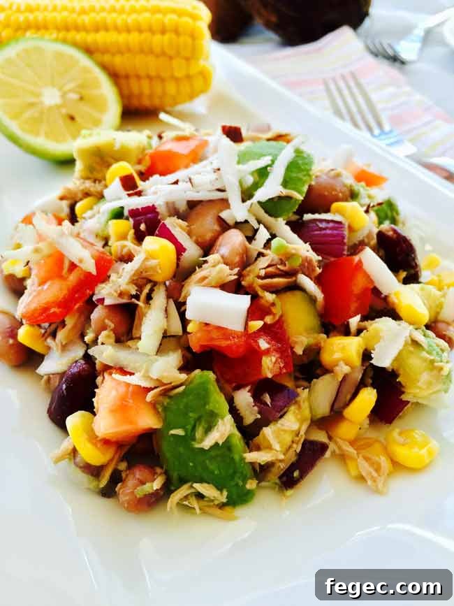 A close-up of the kidney beans, avocado and coconut salad...