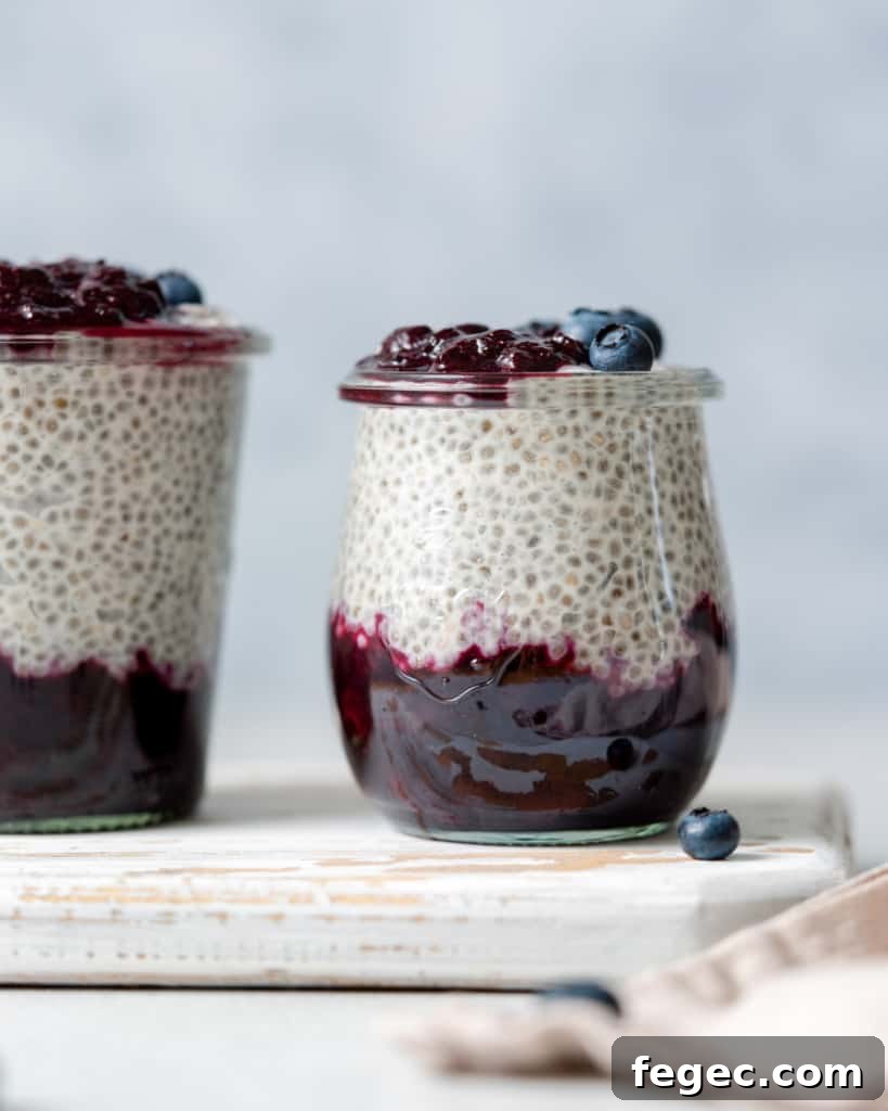 Side shot of a jar with blueberry jam at the bottom of the jar and chia pudding on the top layer topped with more blueberries.