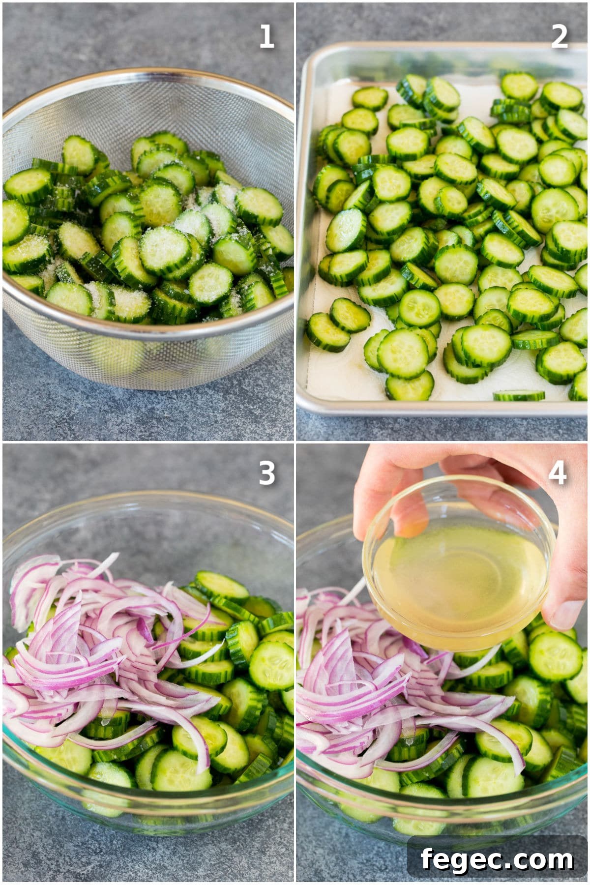 Step by step shots showing how to make Thai cucumber salad.
