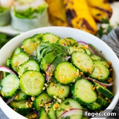A bowl of Thai cucumber salad topped with peanuts and cilantro.