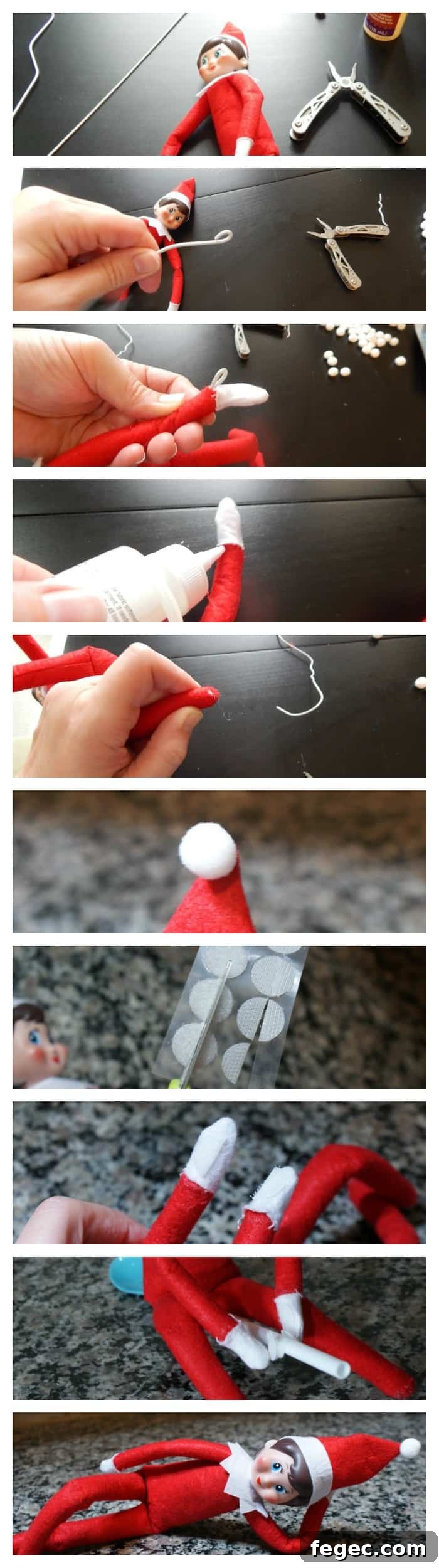 Make Your Elf-on-the-Shelf Posable Without Sewing or Spending Much 4 photo tutorial for hacking the elf on the shelf to make it posable
