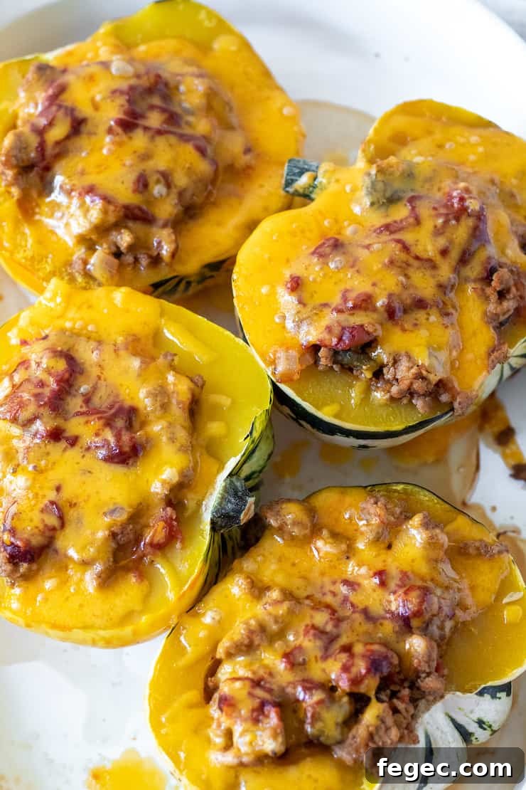 Herbed Turkey Stuffed Acorn Squash Recipe for Fall Dinner 2 Baked stuffed acorn squash with melted cheese.