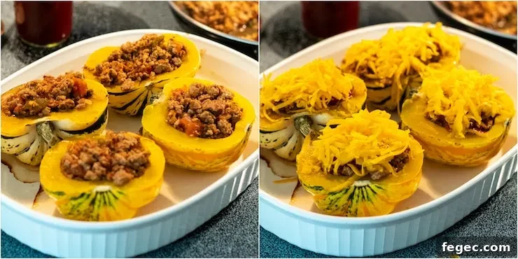 Herbed Turkey Stuffed Acorn Squash Recipe for Fall Dinner 8 Two photo process collage of stuffing and topping squash for oven.