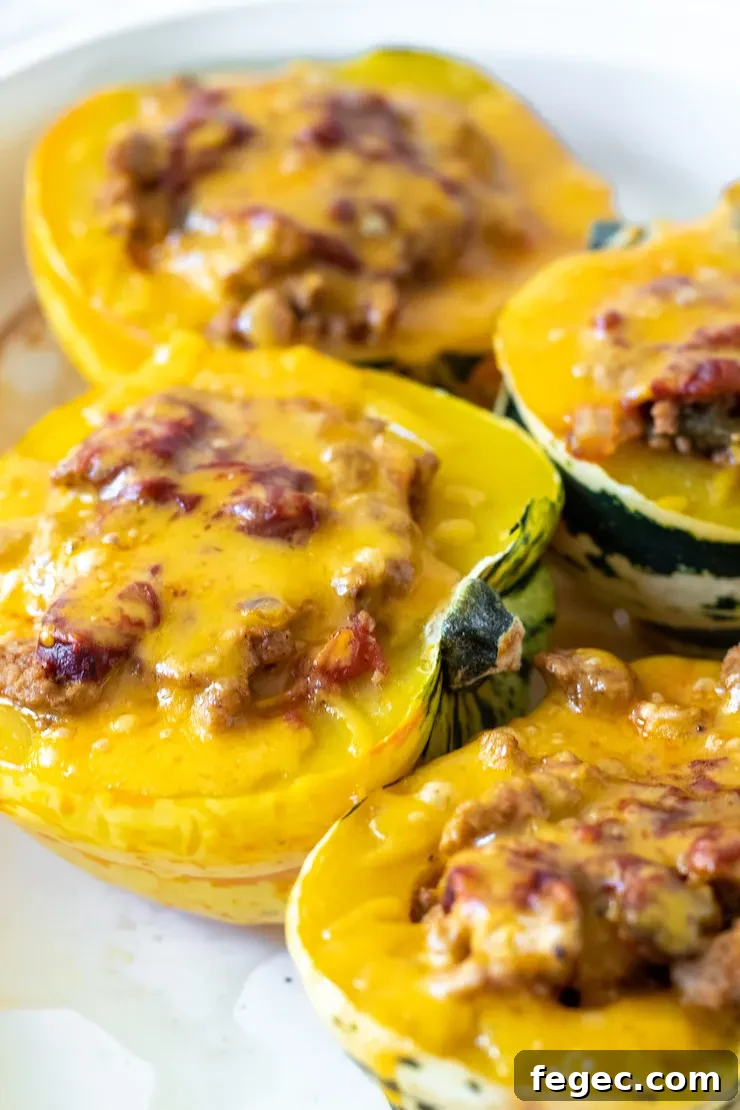Herbed Turkey Stuffed Acorn Squash Recipe for Fall Dinner 10 Close up of baked stuffed squash.