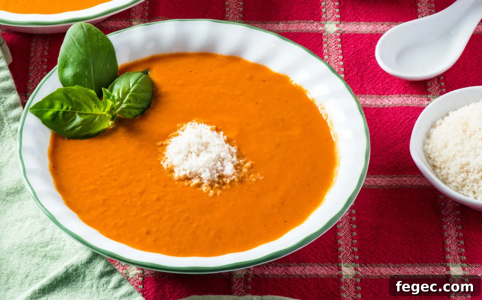 Creamy Tomato Basil Soup with Parmesan on top