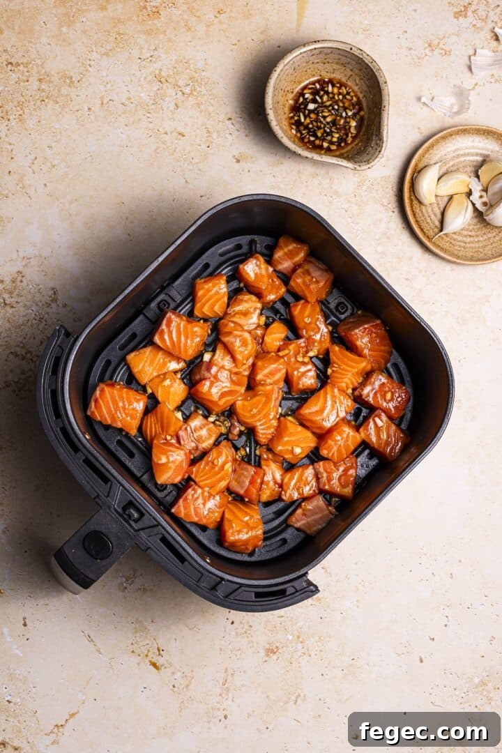 Marinated salmon bites raw in an air fryer basket.