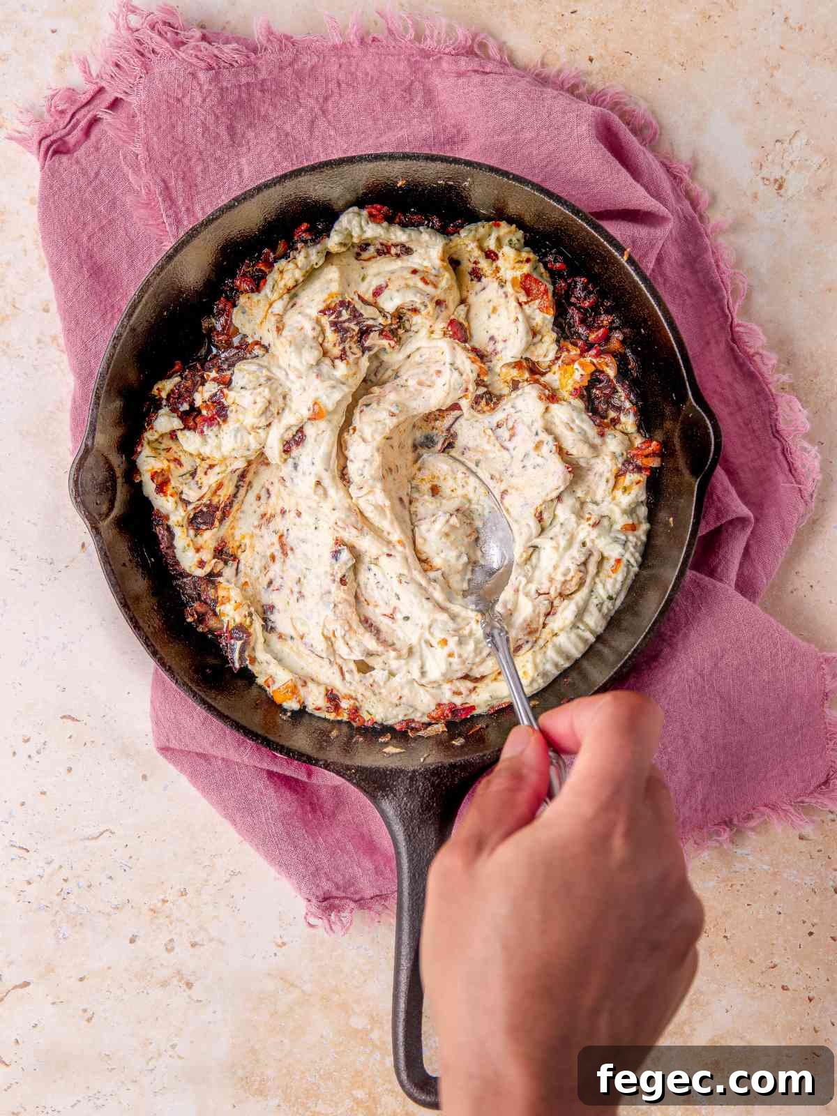 Creamy Baked Boursin Cheese Dip Recipe for Parties 2 Combining the melted Boursin dip with the bacon, tomatoes mix.