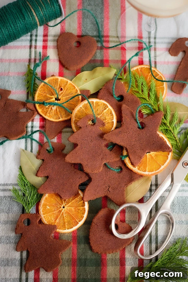 Assorted dried orange slices and cinnamon dough ornaments are arranged on a red and green plaid cloth. The ornaments are cut into shapes like trees, stars, hearts, and candy canes. Each ornament has a hole punched near the top and is tied with green string. Bay leaves, evergreen sprigs, and a pair of silver scissors are also included in the scene.
