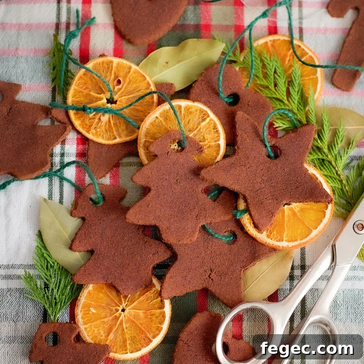 Assorted dried orange slices and cinnamon dough ornaments are arranged on a red and green plaid cloth. The ornaments are cut into shapes like trees, stars, hearts, and candy canes. Each ornament has a hole punched near the top and is tied with green string. Bay leaves, evergreen sprigs, and a pair of silver scissors are also included in the scene.