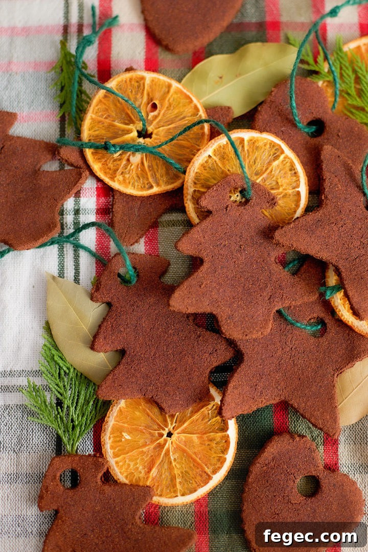 A closer overhead shot of cinnamon dough ornaments in the shapes of trees, stars, and hearts, layered with dried orange slices on a red and green plaid cloth. The ornaments are tied with green string and surrounded by bay leaves and small evergreen clippings.