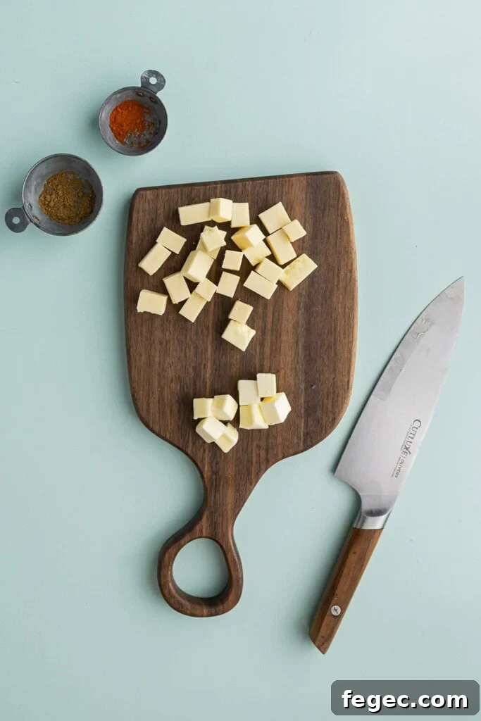 Cubed white American cheese and unsalted butter