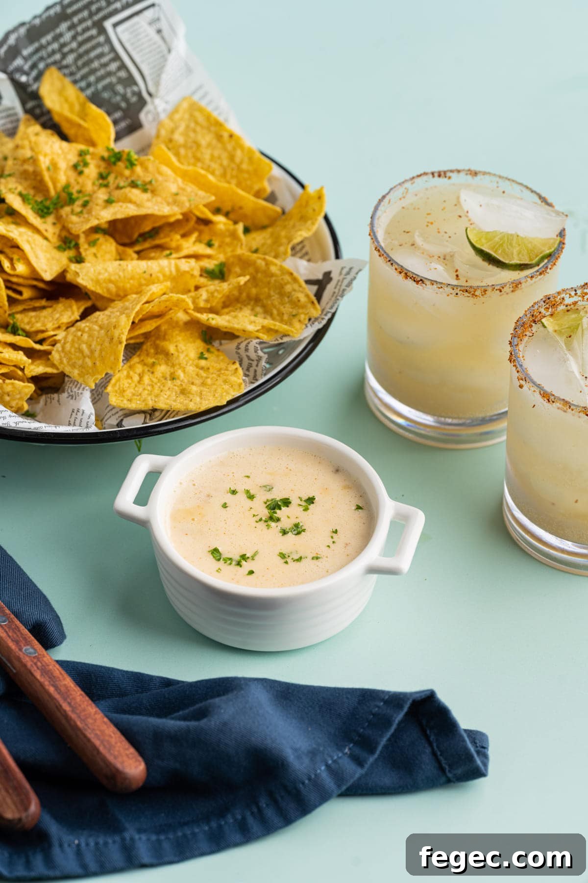 Chips, queso Blanco, and margaritas