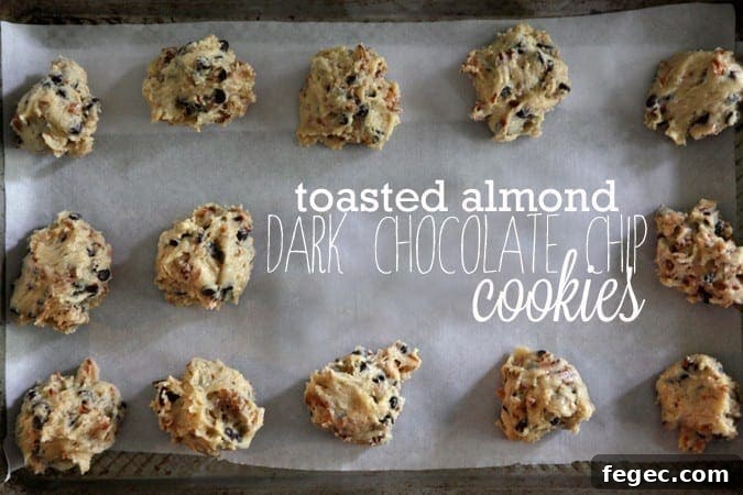 Overhead of Toasted Almond Dark Chocolate Chip Cookie dough on a parchment-lined baking sheet with text
