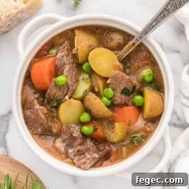 Crockpot beef stew in a small white bowl.