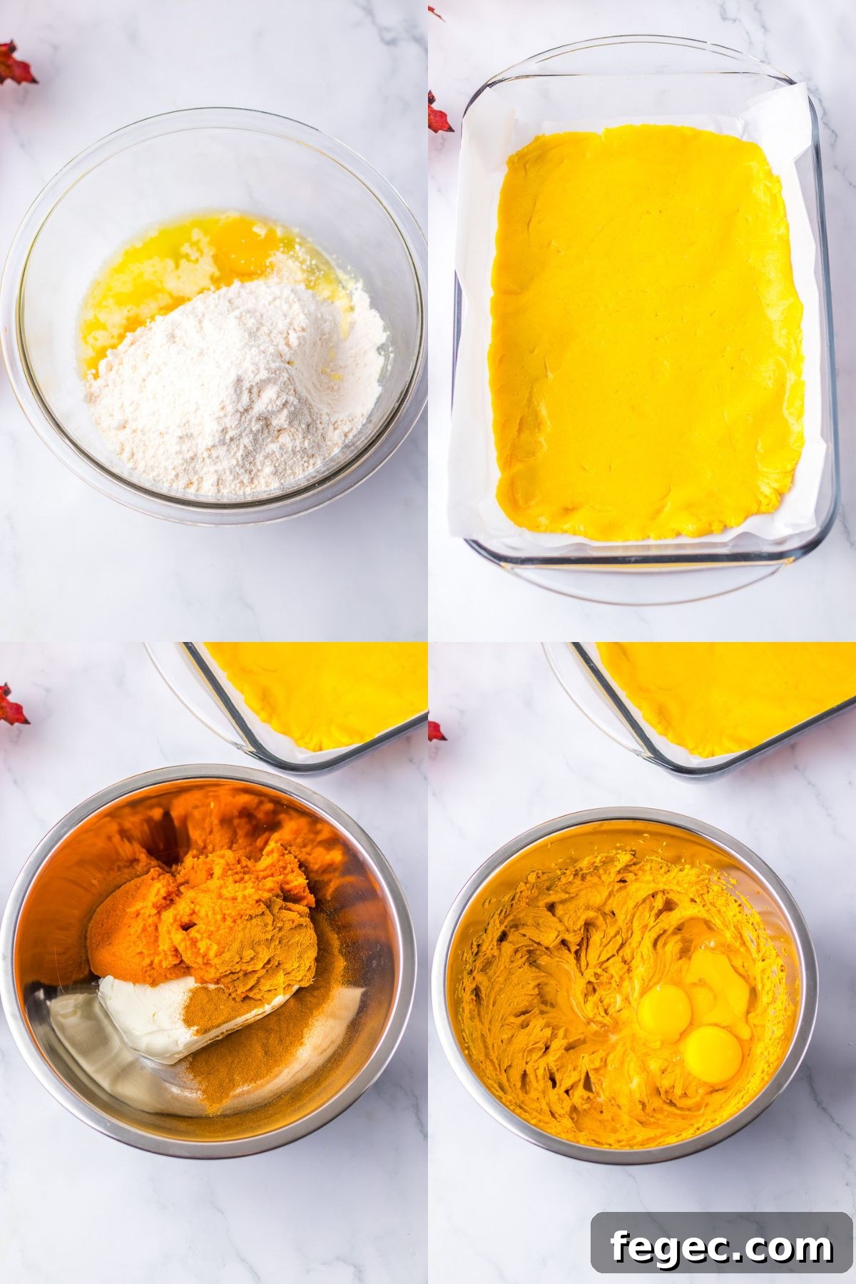 Step-by-step pictures of how to make  pumpkin gooey butter cake.