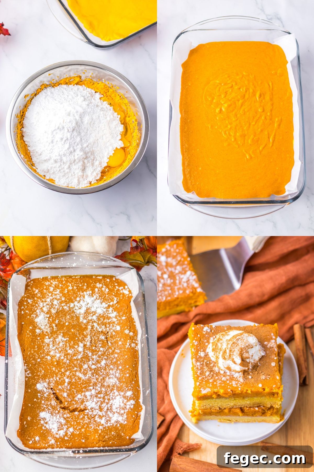 Step-by-step pictures of how to make  pumpkin gooey butter cake with finished cake