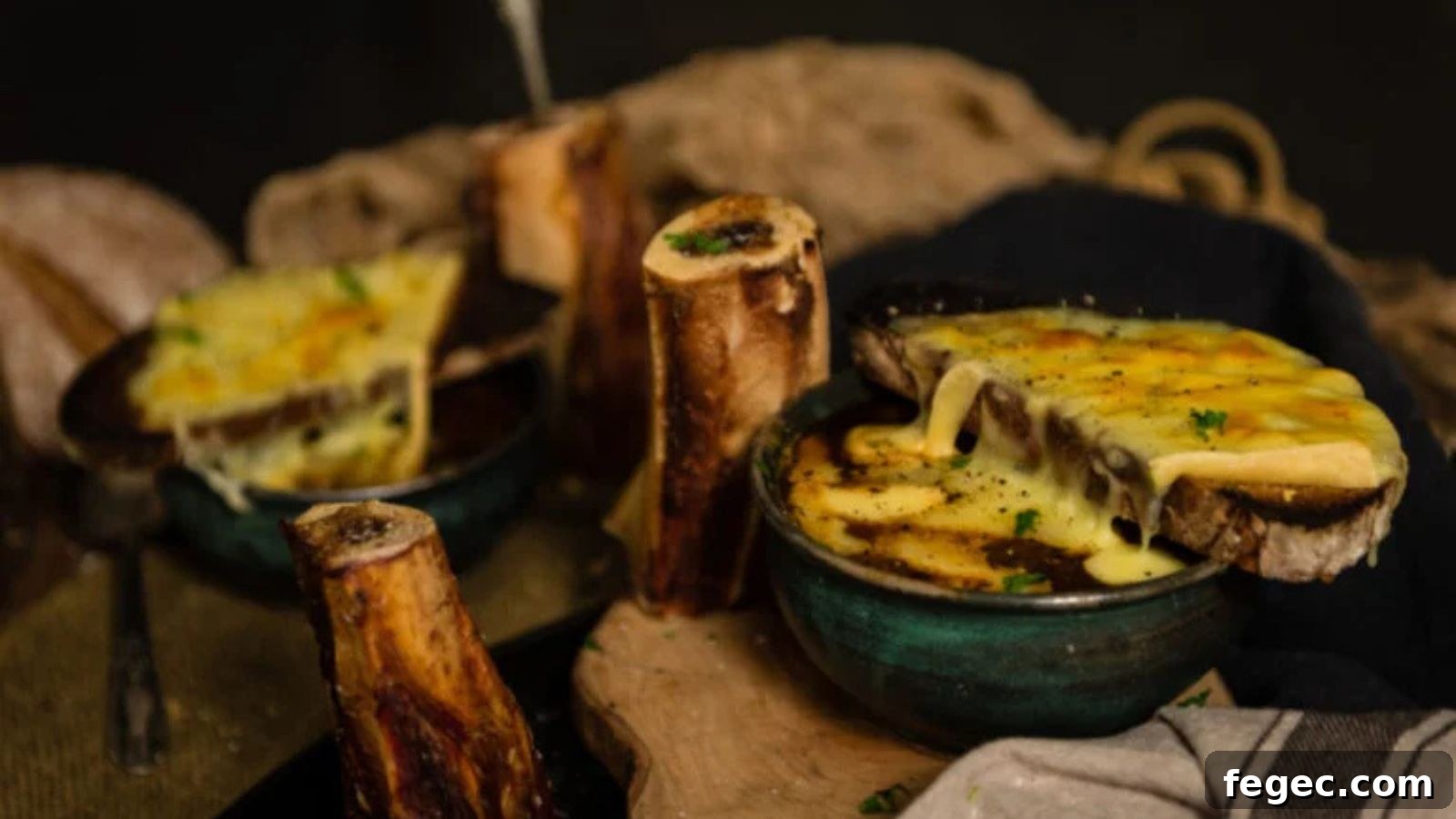 French onion soup topped with roasted bone marrow on thick toast.