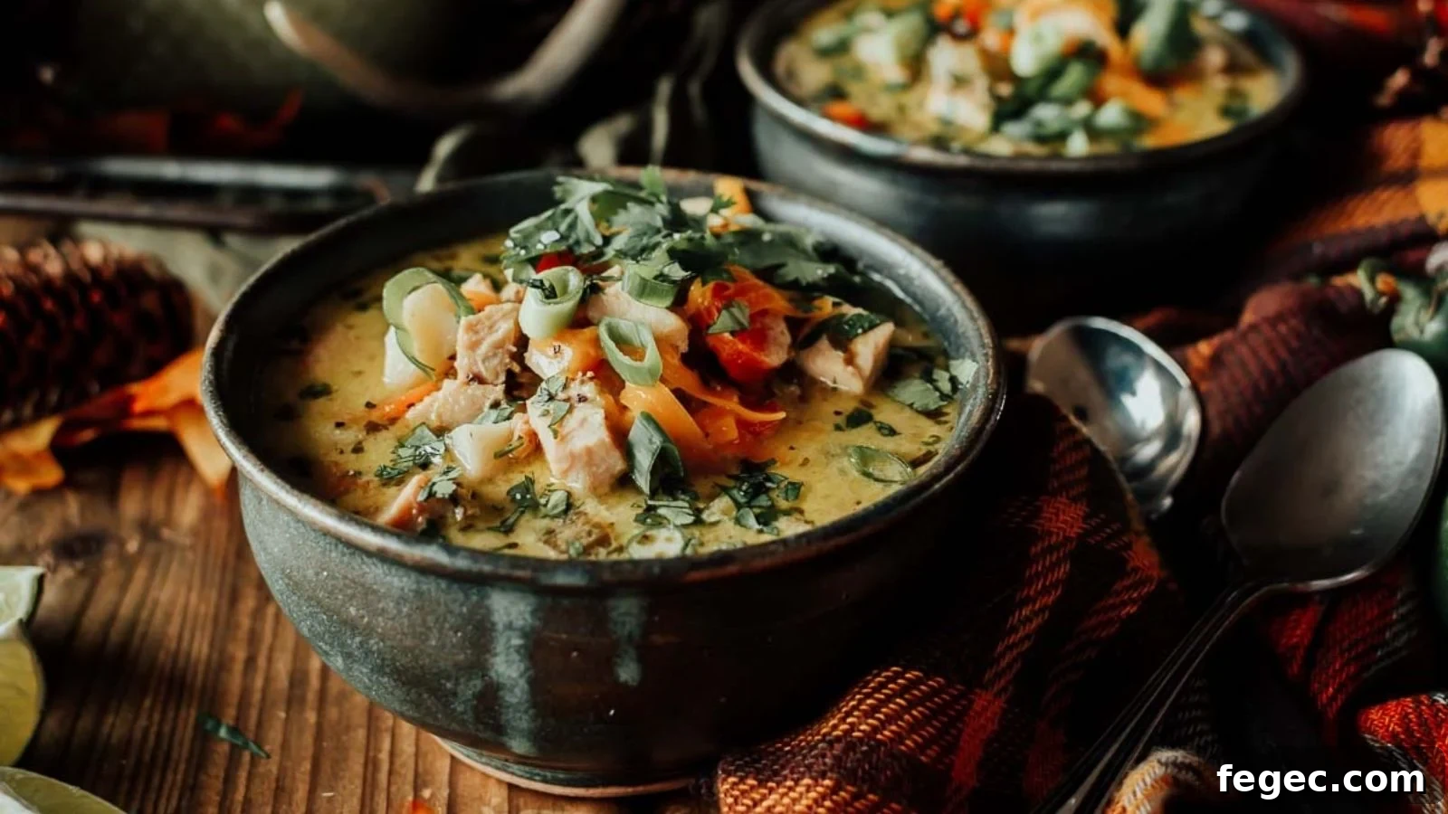 Creamy hatch chili turkey soup with shredded turkey and roasted chilies in a thick broth.