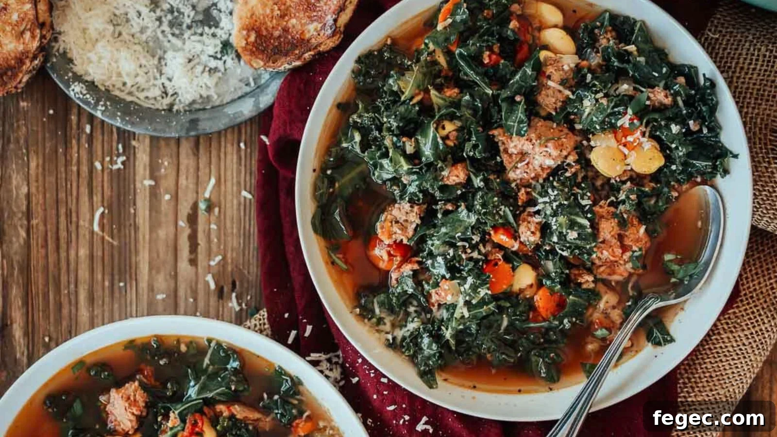 Kale and sausage soup with hearty greens and sliced sausage in a steaming bowl.