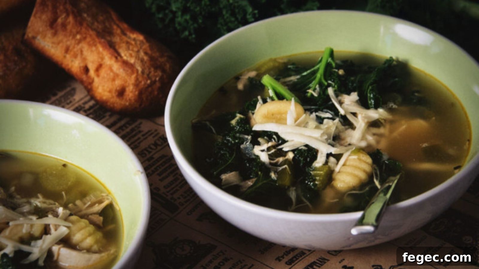 Soup with chicken, gnocchi, and kale in creamy broth.