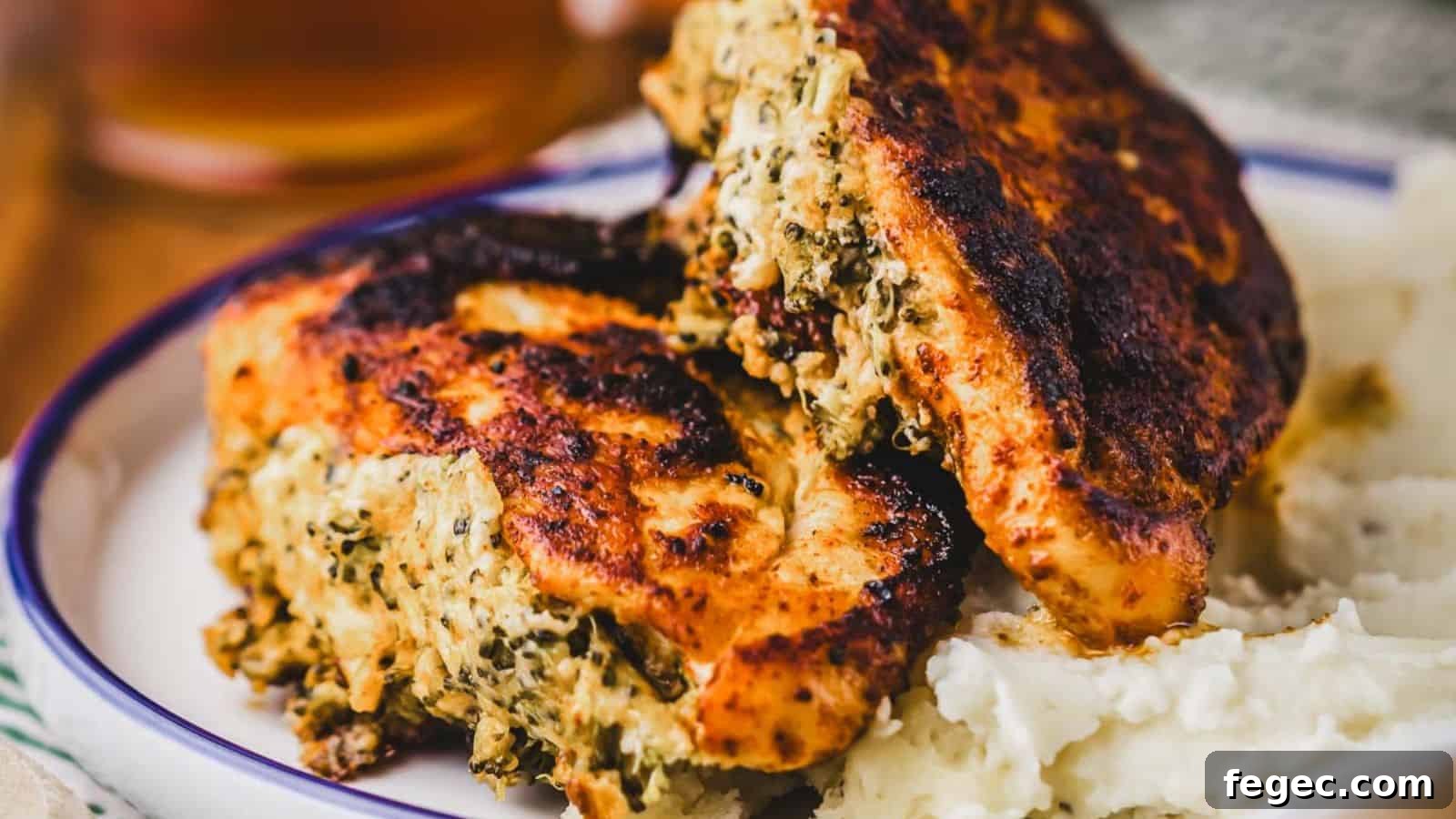 15 Flavor-Packed Skillet Recipes for Quick Cleanup 12 Two pieces of stuffed and grilled chicken breast with a browned, crispy exterior are served on a plate next to a portion of mashed potatoes. The chicken stuffing appears to contain herbs and cheese.