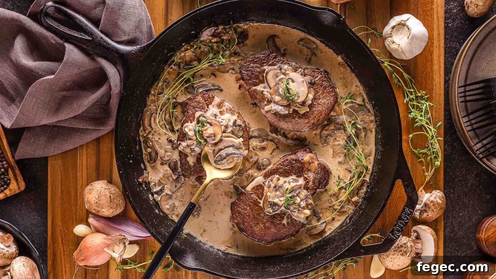 15 Flavor-Packed Skillet Recipes for Quick Cleanup 3 Seared steak topped with creamy mushroom sauce served hot on a cast iron skillet.