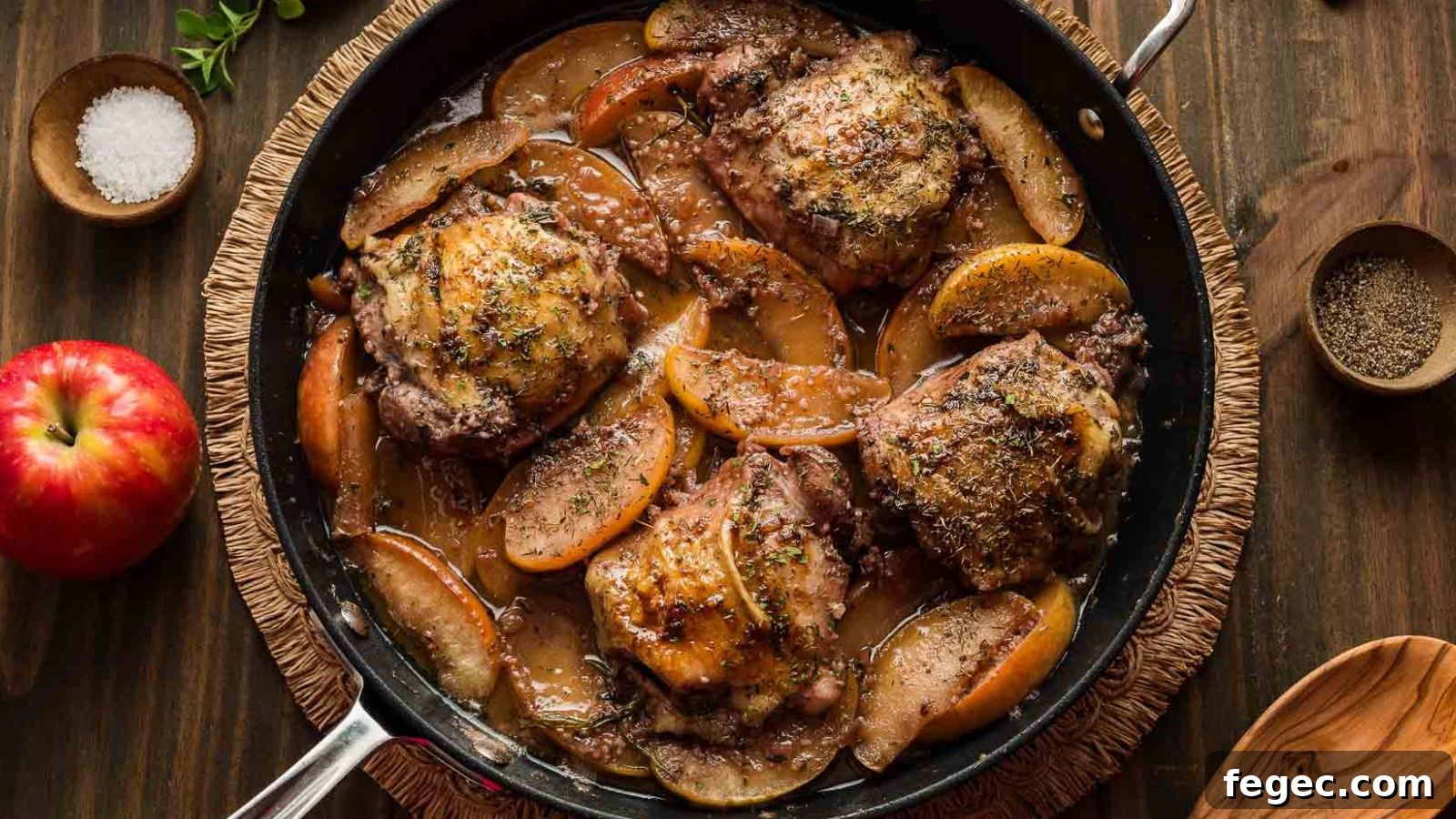 15 Flavor-Packed Skillet Recipes for Quick Cleanup 6 Chicken thighs simmered in apple cider with herbs and golden browned skin in a skillet.