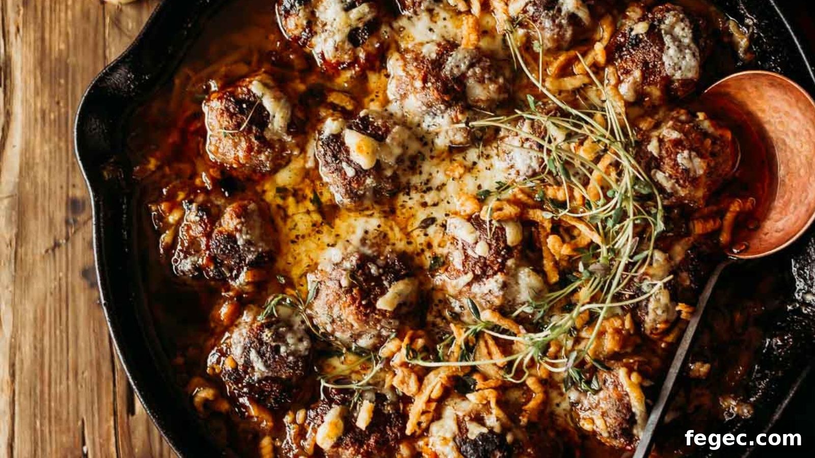 15 Flavor-Packed Skillet Recipes for Quick Cleanup 7 French onion meatballs covered in melted cheese and caramelized onions in a deep skillet.