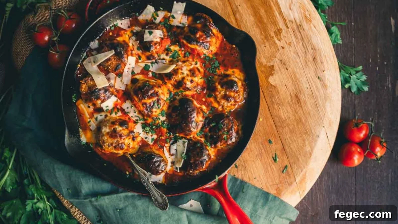 15 Flavor-Packed Skillet Recipes for Quick Cleanup 9 Chicken parmesan meatballs covered in melted cheese and marinara sauce in a cast iron skillet.