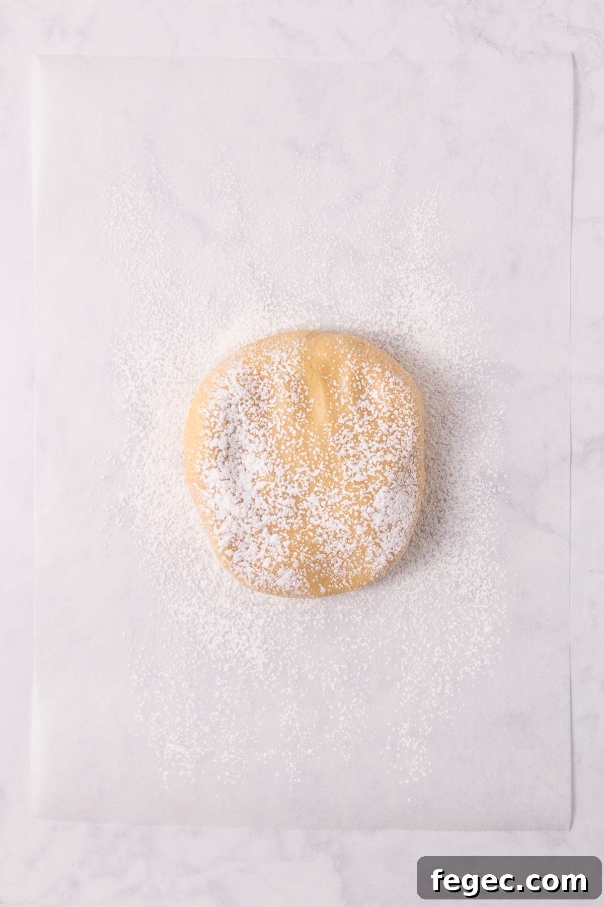 The ball of dough, dusted with flour, on a flour dusted sheet of baking paper.