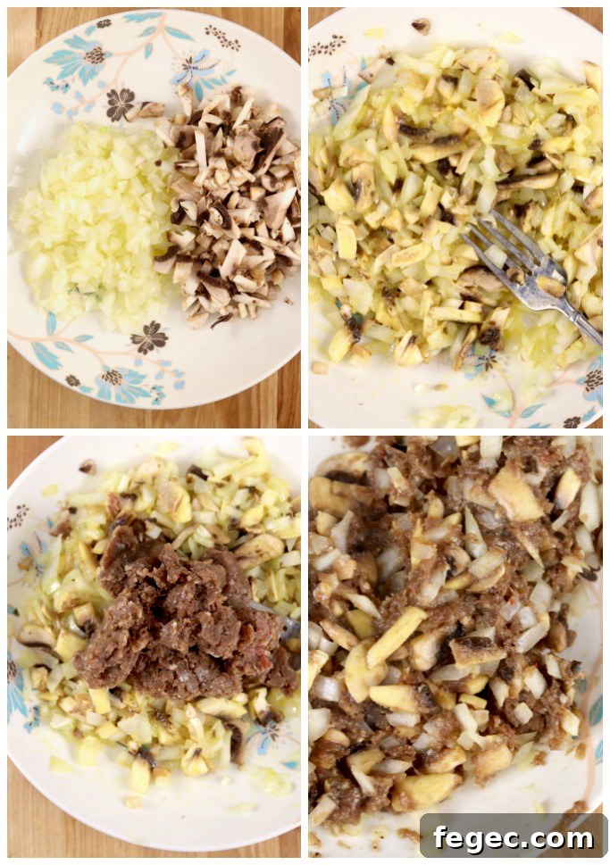 Stuffing for steak with mushrooms, onions, and sweet sausage.