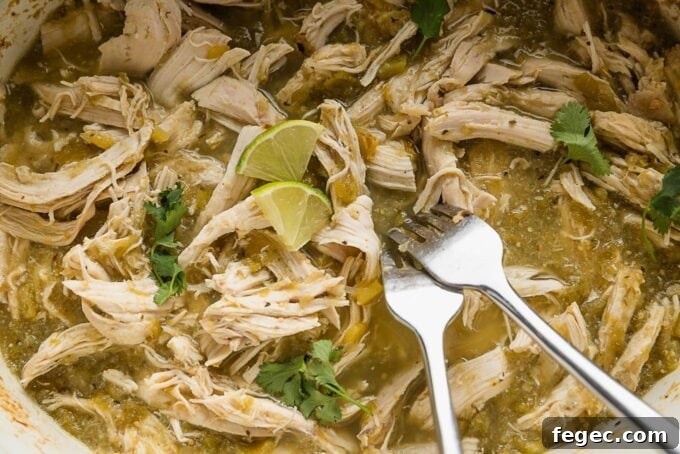 Large slow cooker bowl full of salsa verde chicken with lime wedges and cilantro leaves for added flavor.
