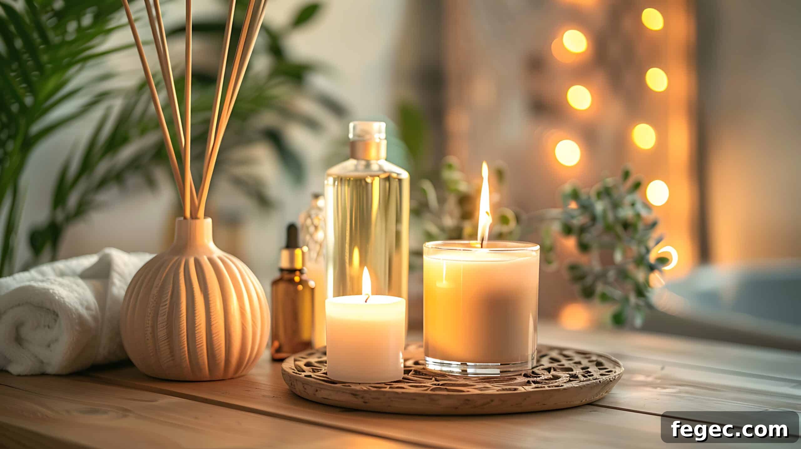 Aroma lamp bottle of oil candles and air reed freshener on wooden table in bathroom