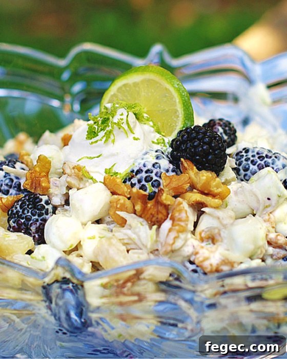 Easy summer ambrosia with a tropical flair. Filled with coconut, pineapple, blackberries and lime all swathed in clouds of cool whip, lime yogurt and mini marshmallows.