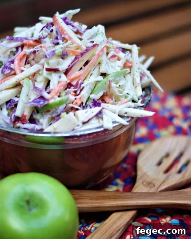 Apple coleslaw with red and green apples, purple and green cabbage and carrots.
