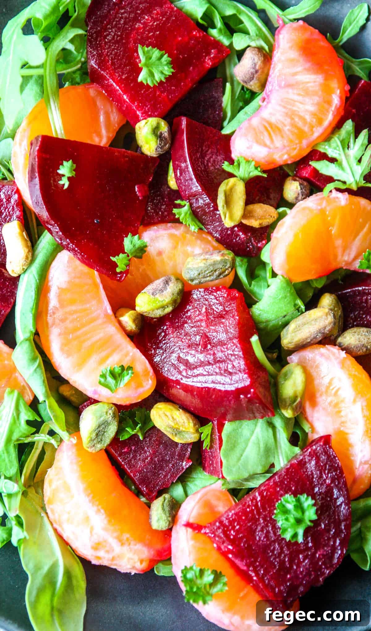 Roasted Beet and Orange Salad with Arugula and Goat Cheese 11 A close up of beet and orange salad with arugula and pistachios.