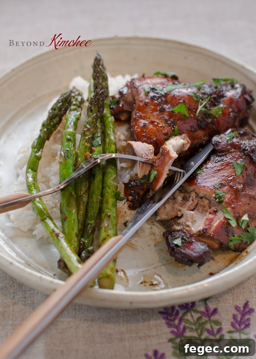 Soy Balsamic Glazed chicken served with rice.