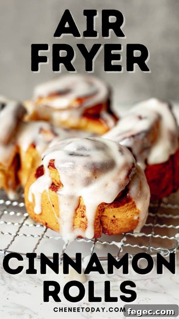shot of air fryer cinnamon rolls with text: Air Fryer Cinnamon Rolls - Chenée Today