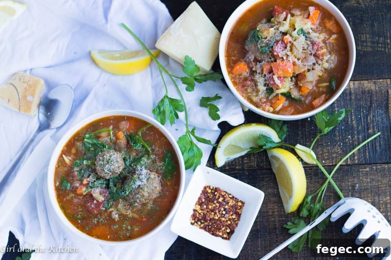 30-Minute Italian Meatball and Vegetable Soup Recipe 7 This super comforting soup is loaded with plump Italian meatballs and hearty vegetables. Made in only 30 minutes but thanks to my little secret it tastes like it has been cooking all day!