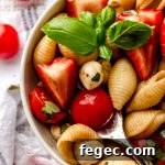 Closeup of a fork in a bowl of strawberry caprese pasta salad in a small white bowl.