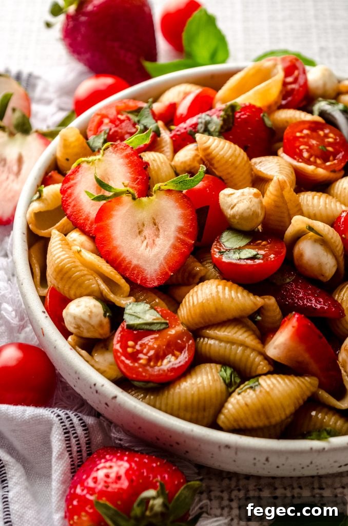 Closeup of strawberry caprese pasta salad in a bowl.
