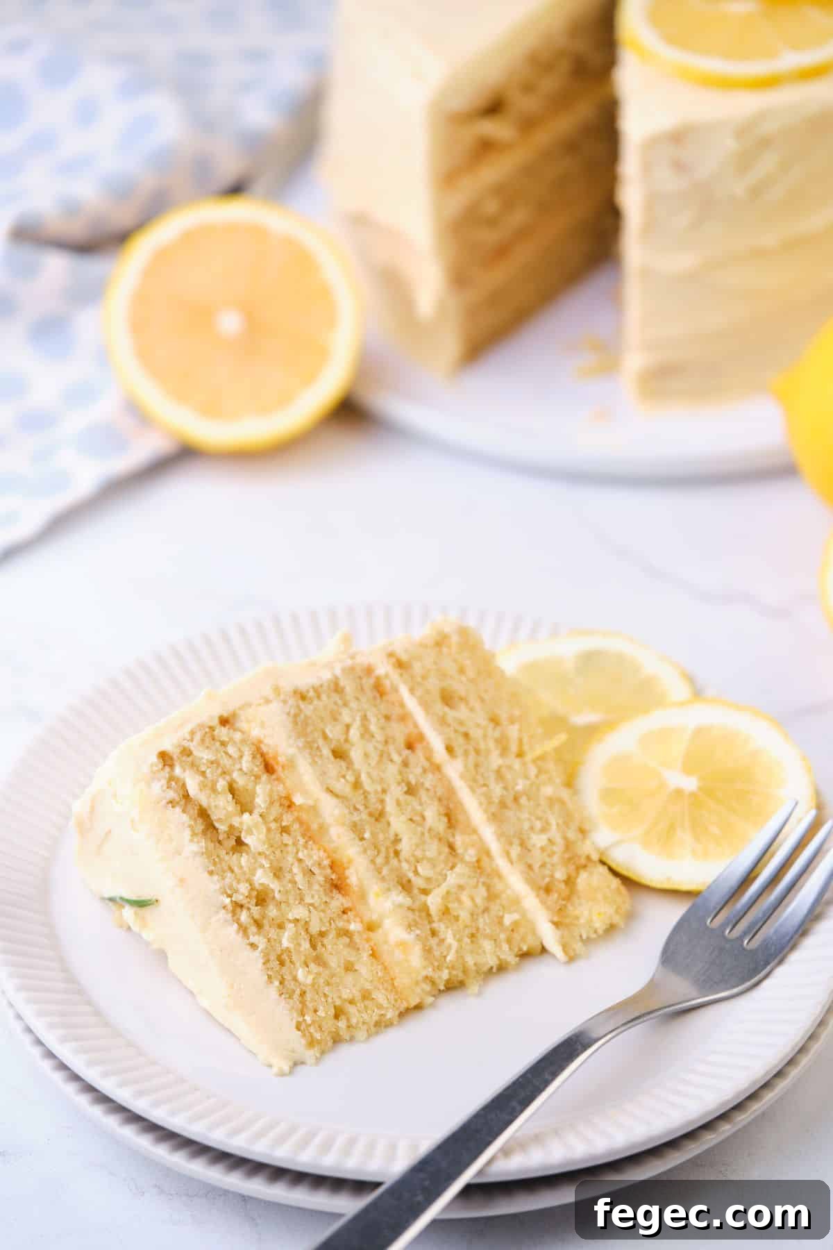 A soft and moist slice of lemon cake with lemon curd filling.