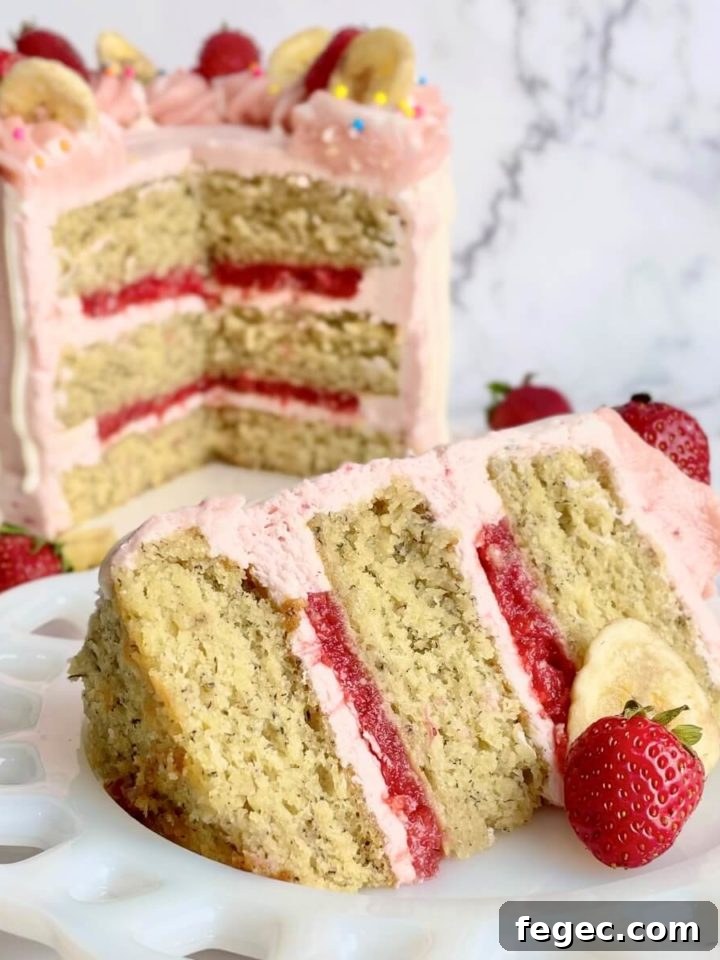 a slice of strawberry banana cake with the cut cake in the background